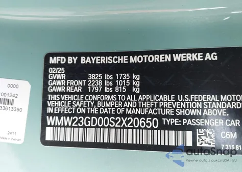 2025 Mini Hardtop Cooper S z USA, uszkodzony, nr VIN WMW23GD00S2X20650